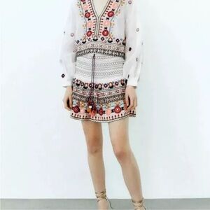 ZARA Short high-waist skirt /elastic smocked waist/embroidery/drawstrings/Size M